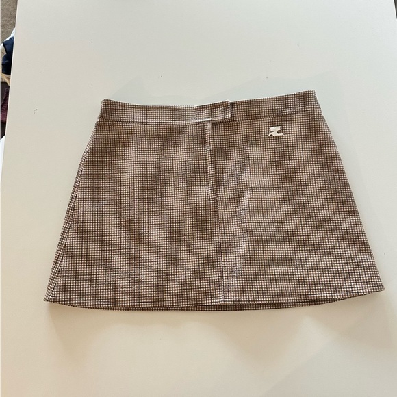 READ NEW Courrèges Reedition Checked Vinyl Mini Skirt Brown Appliquéd Logo 44. - Picture 2 of 10